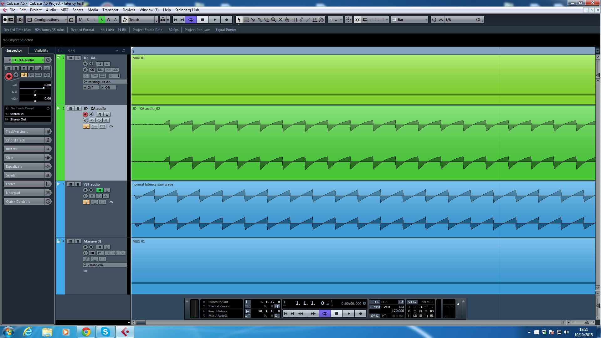The JD-XA is in green and a normal VST is in blue.